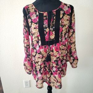 Sheer Boho Floral Print on Black Daniel Rainn Blouse Women's size S